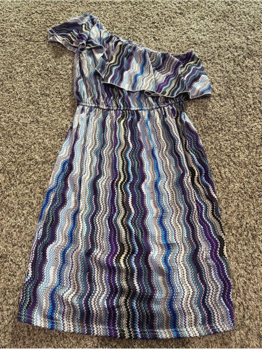 One-Shoulder Ruffle Dress in Blue and Purple Wave Print